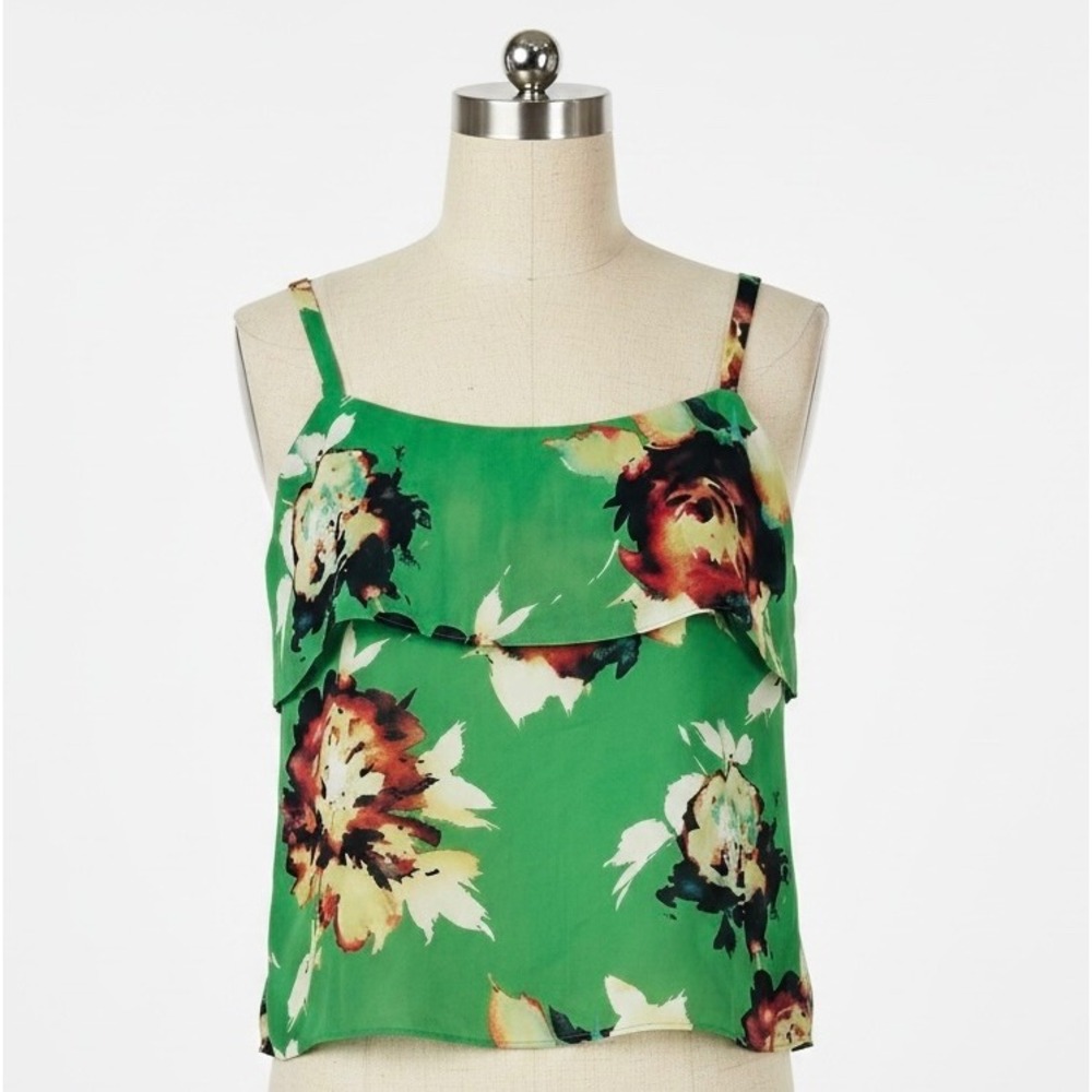 Cabi Floral Ruffle Cami Top Green Sleeveless Blouse Small